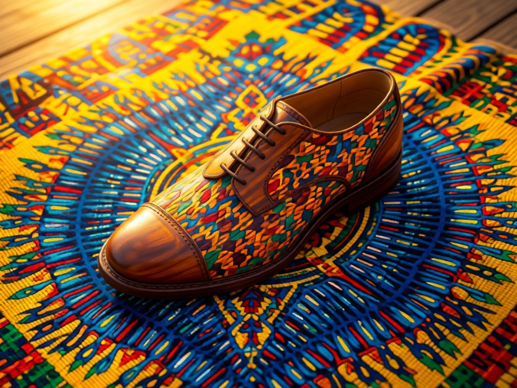 An aerial shot of a single artisan-crafted shoe centered on African-inspired textile during sunset. The textile's vibrant patterns subtly frame the shoe while golden light emphasizes texture. No people.