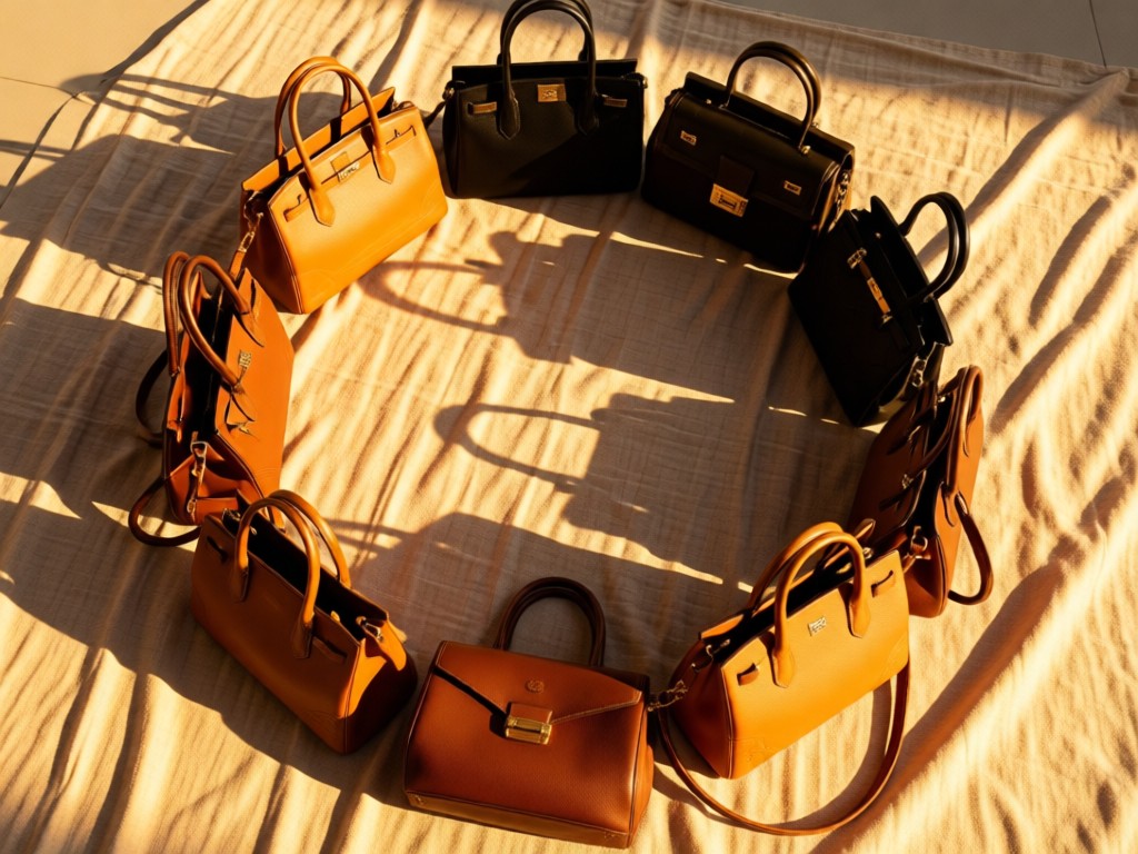 Overhead shot of designer handbags arranged in a circle on a beige linen cloth. Golden hour lighting creates warm shadows between accessories. Luxurious yet approachable feel. No people.