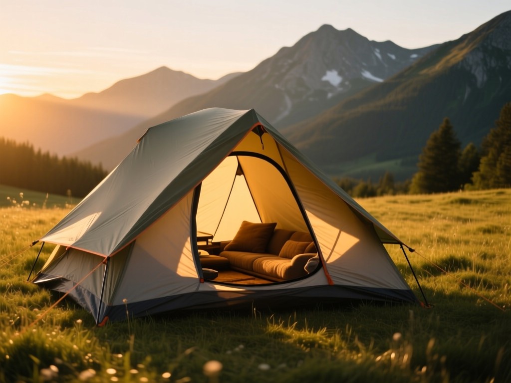 A single sturdy tent pitched in a meadow at golden hour, door open revealing cozy interior, warm light casting long shadows, mountains in distance - symbolizing a welcoming hub for campers.