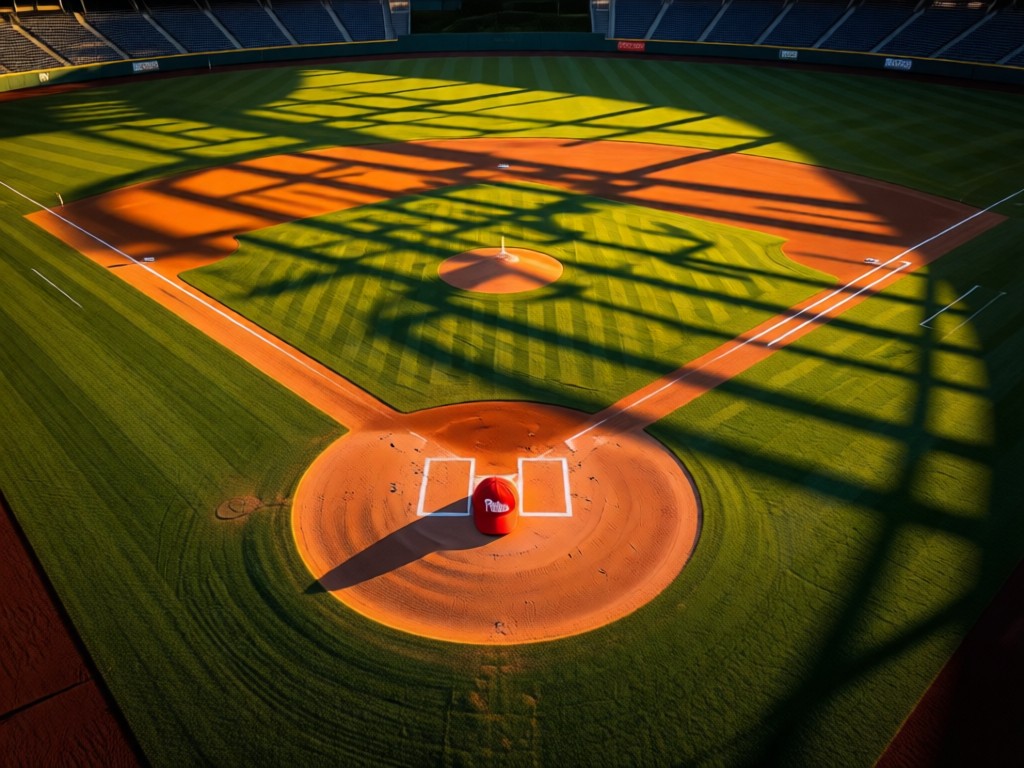 An aerial view of a red Phillies cap centered on home plate at sunset. Long shadows stretch across the empty ballpark. Symbolizes focus and legacy. No people.