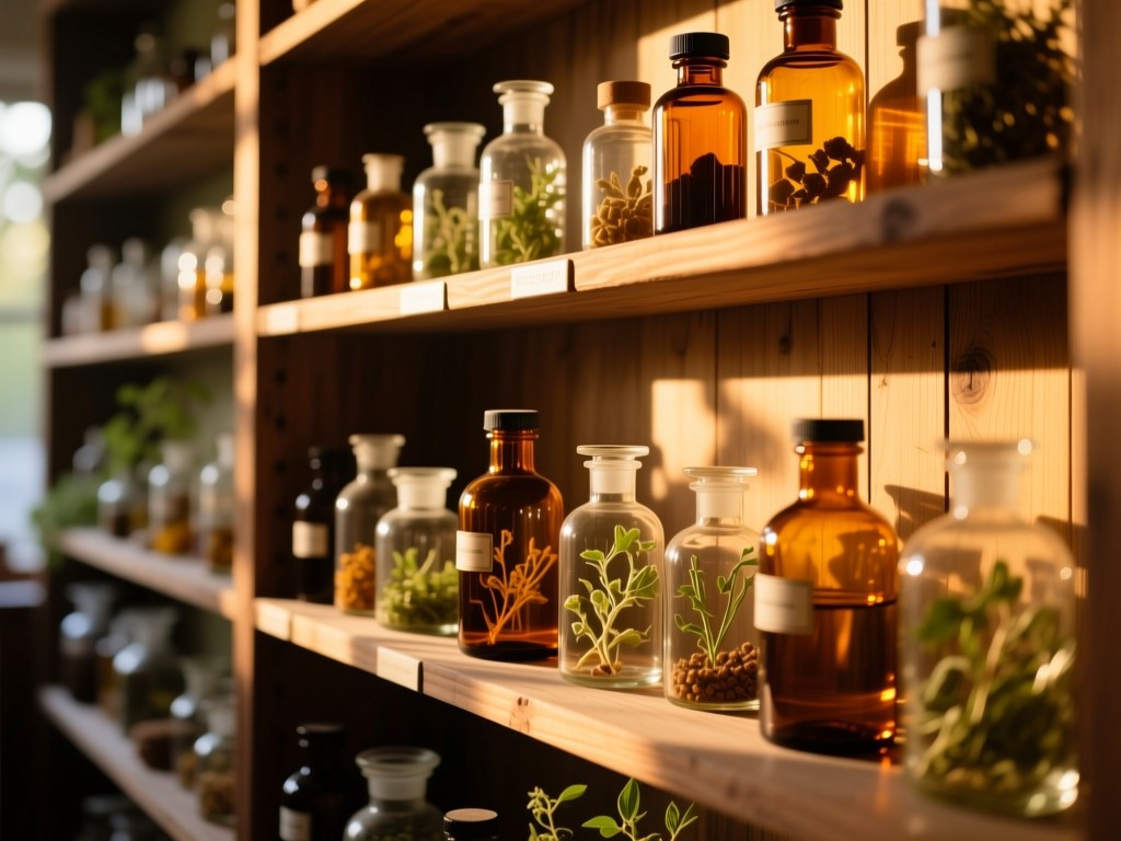 A sunlit apothecary shelf with amber bottles and botanical ingredients during golden hour, soft shadows, warm highlights on glass surfaces, natural wood textures, no people.