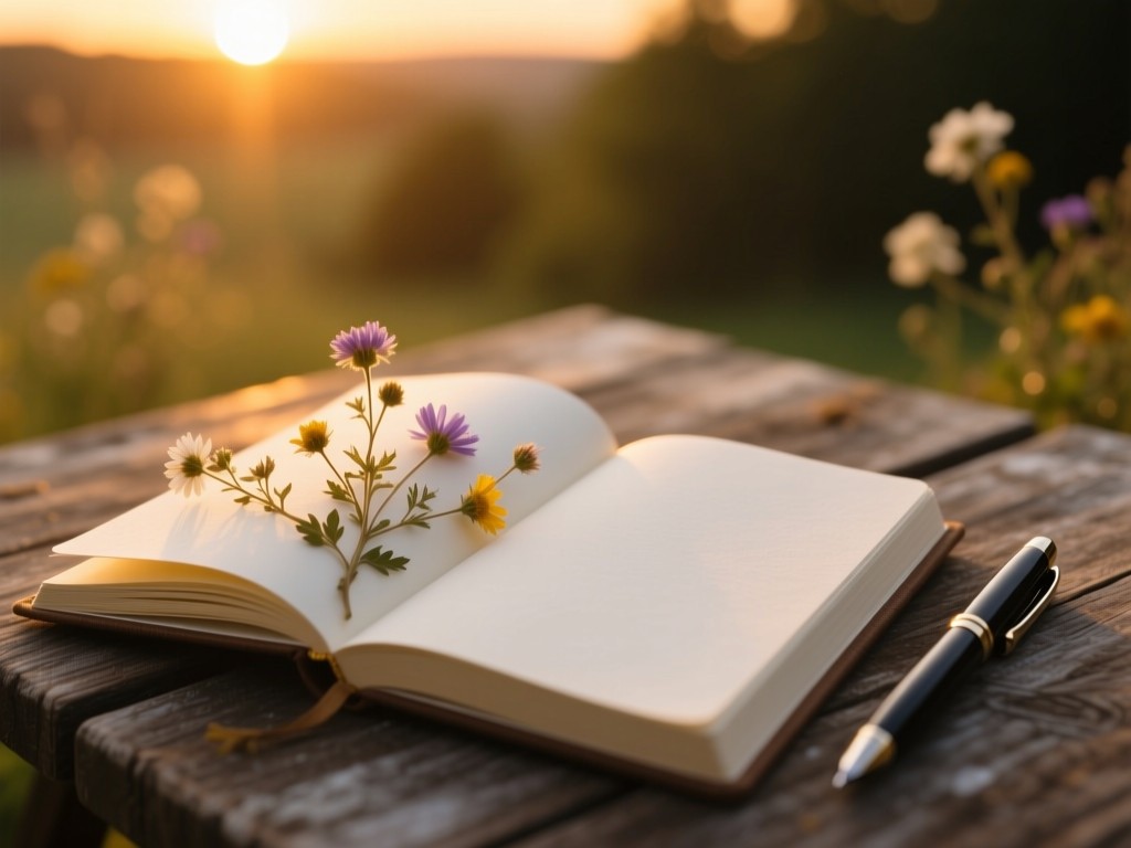 An open journal with pressed wildflowers beside a pen during sunset, soft light on blank pages, rustic table, shallow depth of field, warm golden tones, no visible text.