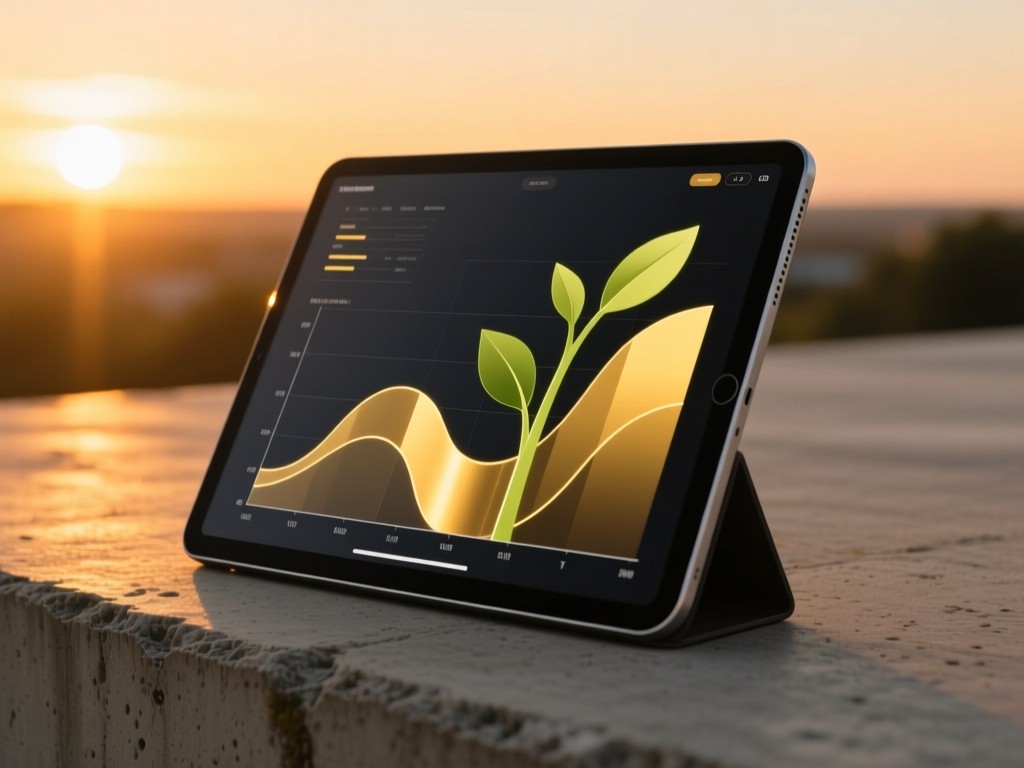 Modern tablet displaying abstract growth charts on a concrete surface during sunset, golden light reflecting on screen, minimalist tech aesthetic, no visible content details.