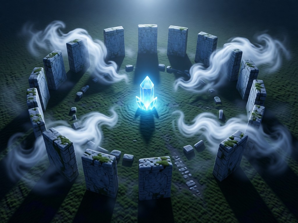 An aerial view of a moonlit stone circle with a single glowing crystal at the center. Mist curls between ancient stones, symbolizing focus and spiritual connection. No people.
