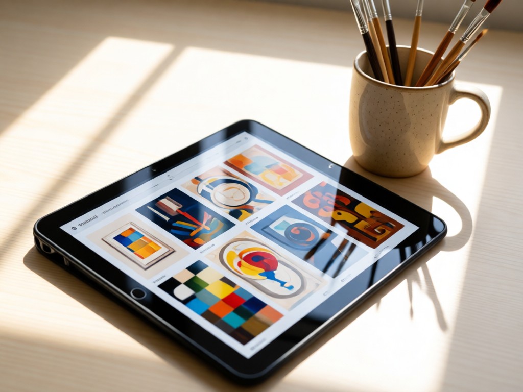An angled view of a sleek tablet displaying an art portfolio grid. Beside it, a ceramic mug holds paintbrushes. Morning light creates soft reflections on the screen surface. Clean and artistic composition. No people.