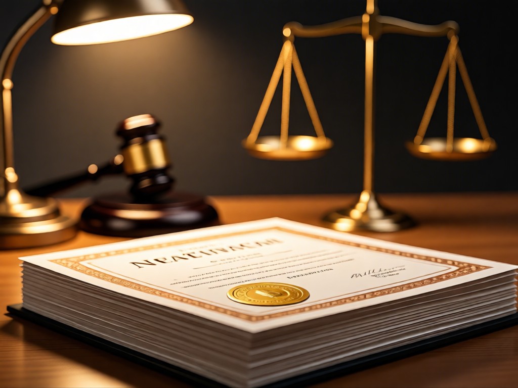 Neatly stacked professional certificates with embossed seals. Soft focus on a gavel and scales of justice in the background. Warm desk lamp illumination. No people.