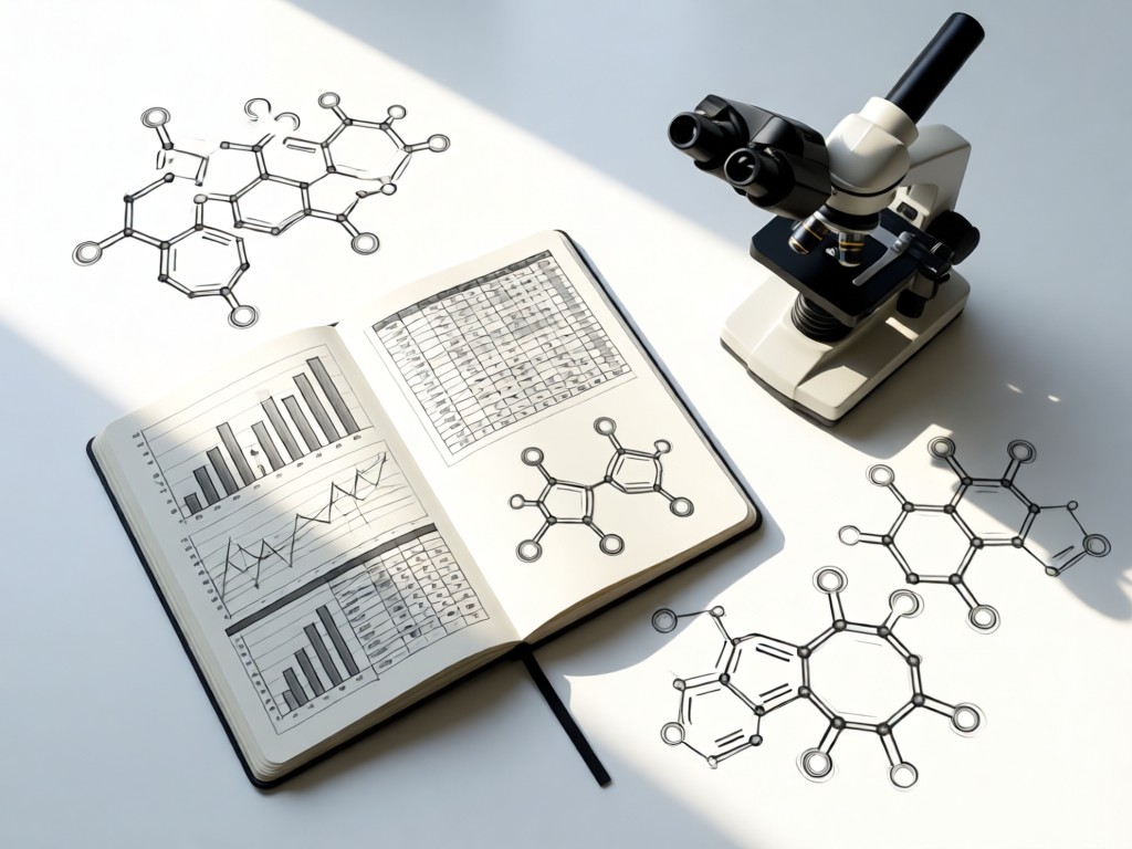 Overhead shot of a minimalist lab notebook open to complex data charts beside a microscope. Morning light highlights graphite sketches of molecular structures. Crisp white background. No people.