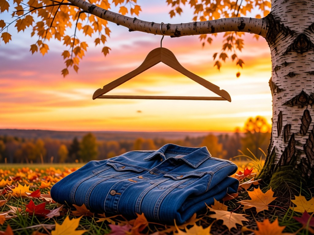 An empty wooden hanger dangling from a birch tree branch against sunset skies. Below it, a folded denim jacket rests on fallen autumn leaves. Symbolizes readiness and local authenticity. No people.