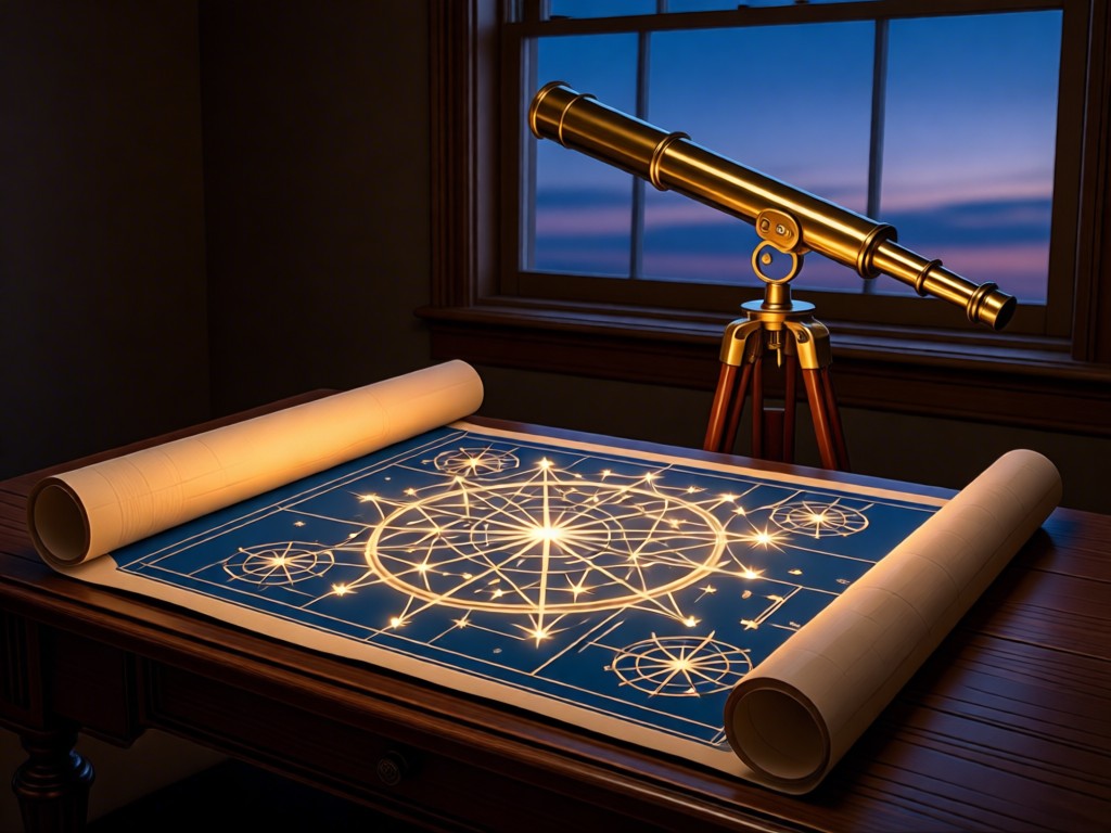 A glowing star chart blueprint unfurled on a dark wood table. A vintage brass telescope points toward a window showing twilight sky. Warm light highlights the paper's texture. No people.