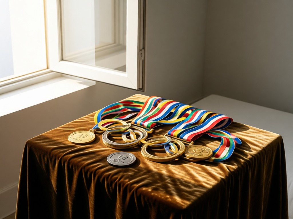 A collection of Olympic medals arranged artistically on a velvet cloth. Sunlight catches their metallic surfaces near an open window. Minimalist background.
