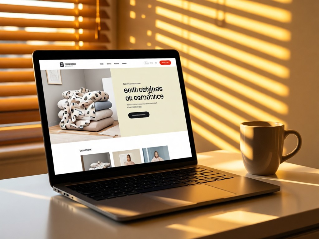 A sleek laptop displaying a clean pajama e-commerce page beside a ceramic mug. Golden hour light through window blinds creates warm stripes. No people.