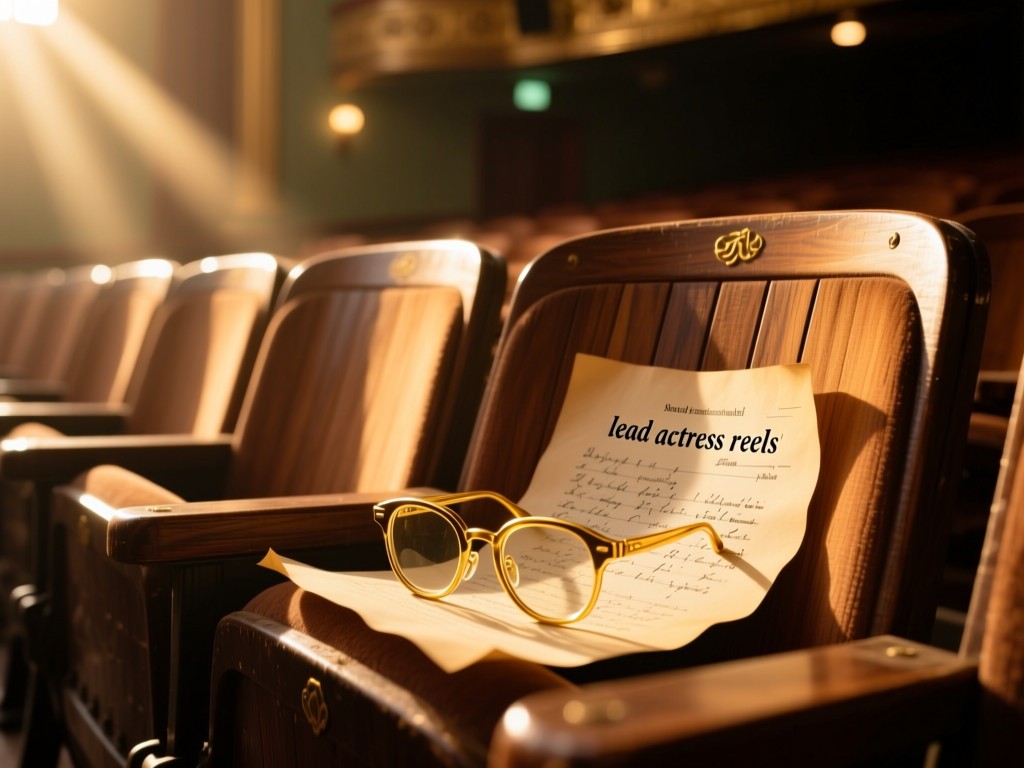 A vintage theater seat with a script and gold-framed glasses during golden hour, sunbeam highlighting search terms like 'lead actress reels', shallow depth of field, warm wood tones, no people.