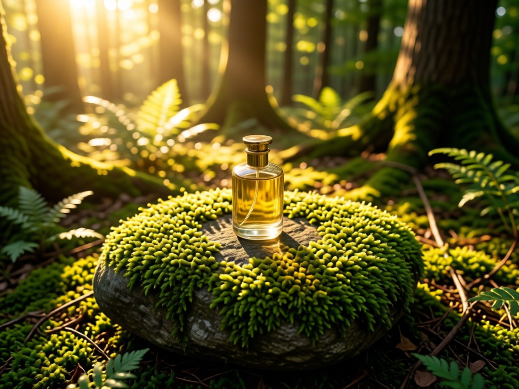 Aerial view of a single artisan perfume bottle centered on a moss-covered stone in a sun-dappled forest. Symbolizes focus and natural craftsmanship. Golden morning light. No people.