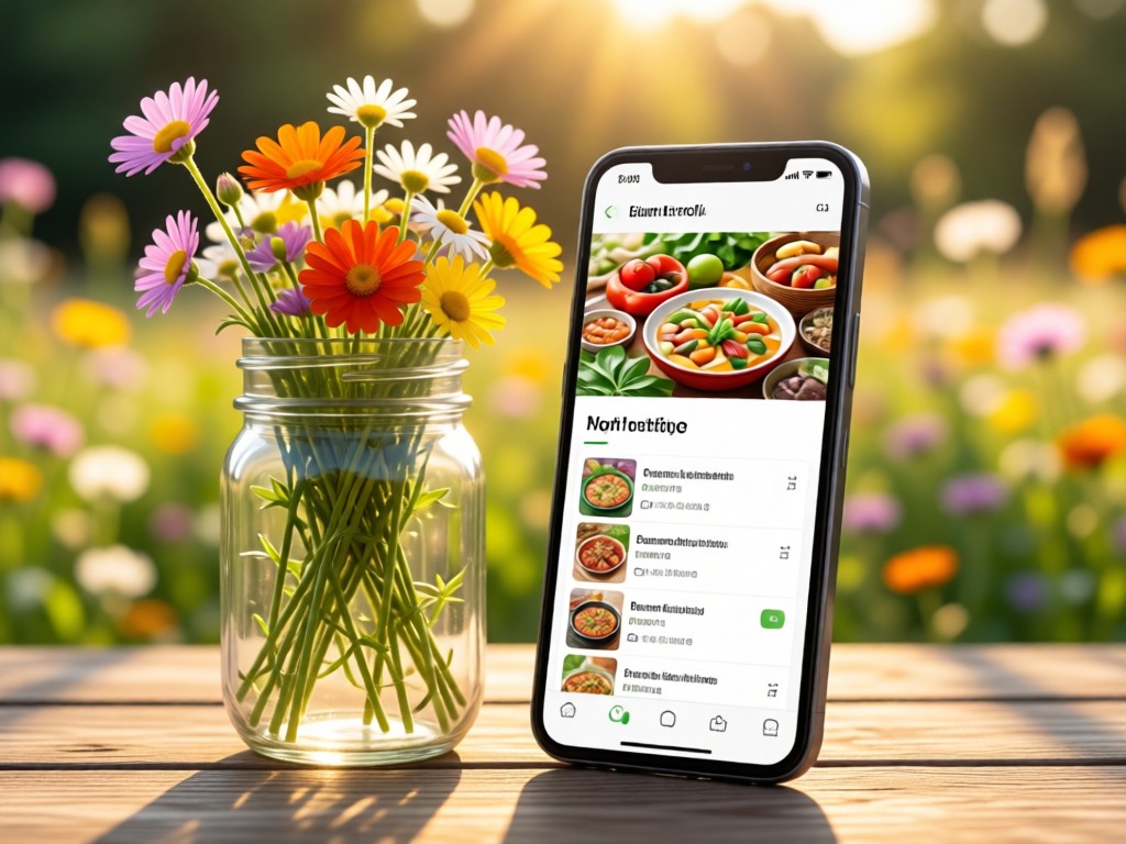 A smartphone showing a farm-fresh recipe portfolio beside sunlit wildflowers in a mason jar. Soft focus background. No people.