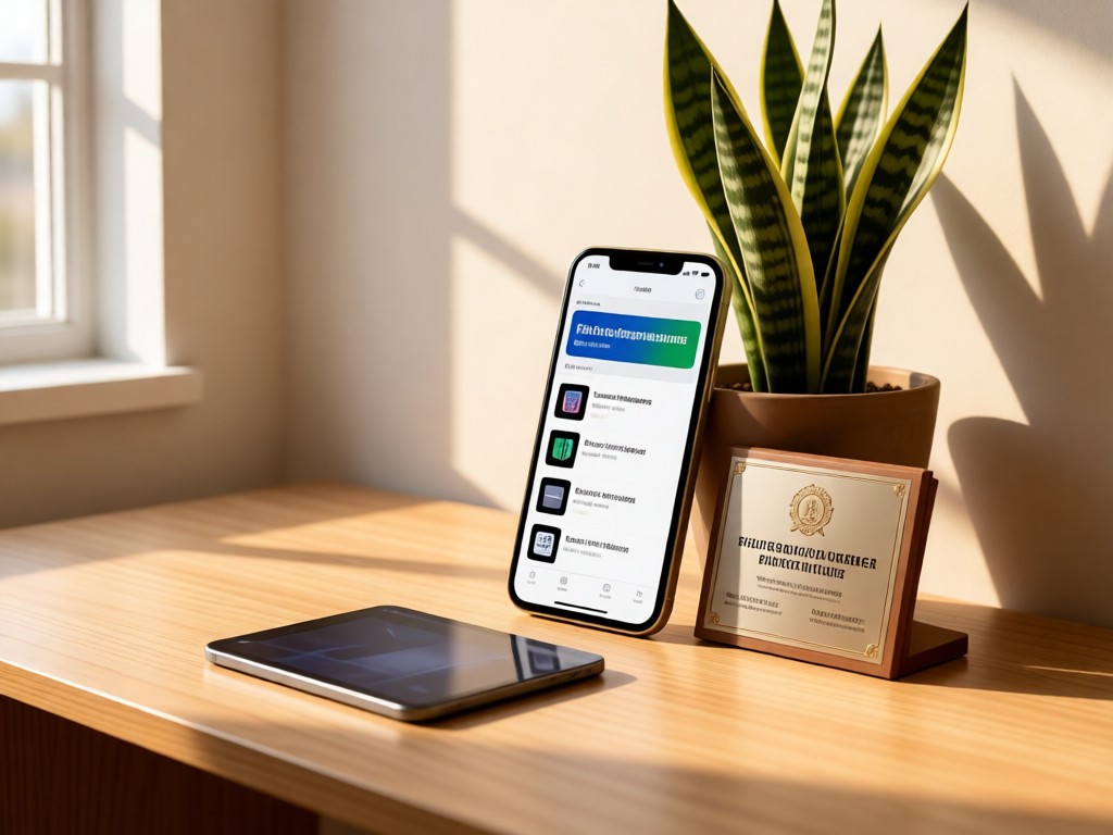 Minimalist desk with a smartphone displaying filter supplier links. A certification plaque leans against a potted snake plant. Warm natural lighting. No people.