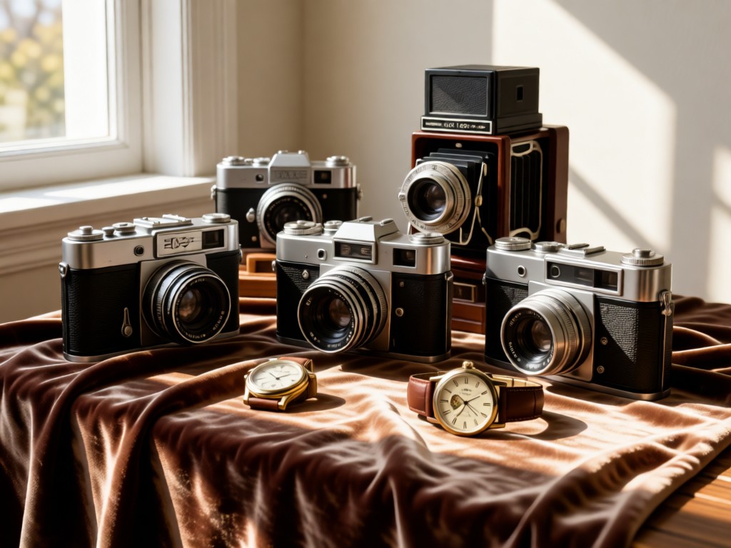 An artfully arranged collection of vintage cameras and watches on a velvet cloth. Soft window light creates highlights and textures. Clean composition. No people.