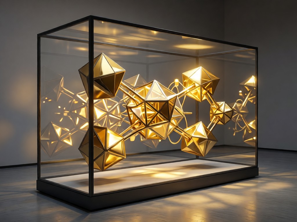 A modern glass display case showing 3D geometric models. Soft golden light creates reflections on the glass surfaces. Abstract representation of interconnected systems.