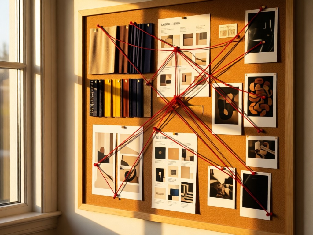 A curated mood board pinned to cork: fabric samples, trend tearsheets, and polaroids connected by red thread. Golden hour light from a nearby window. Artistic yet organized.