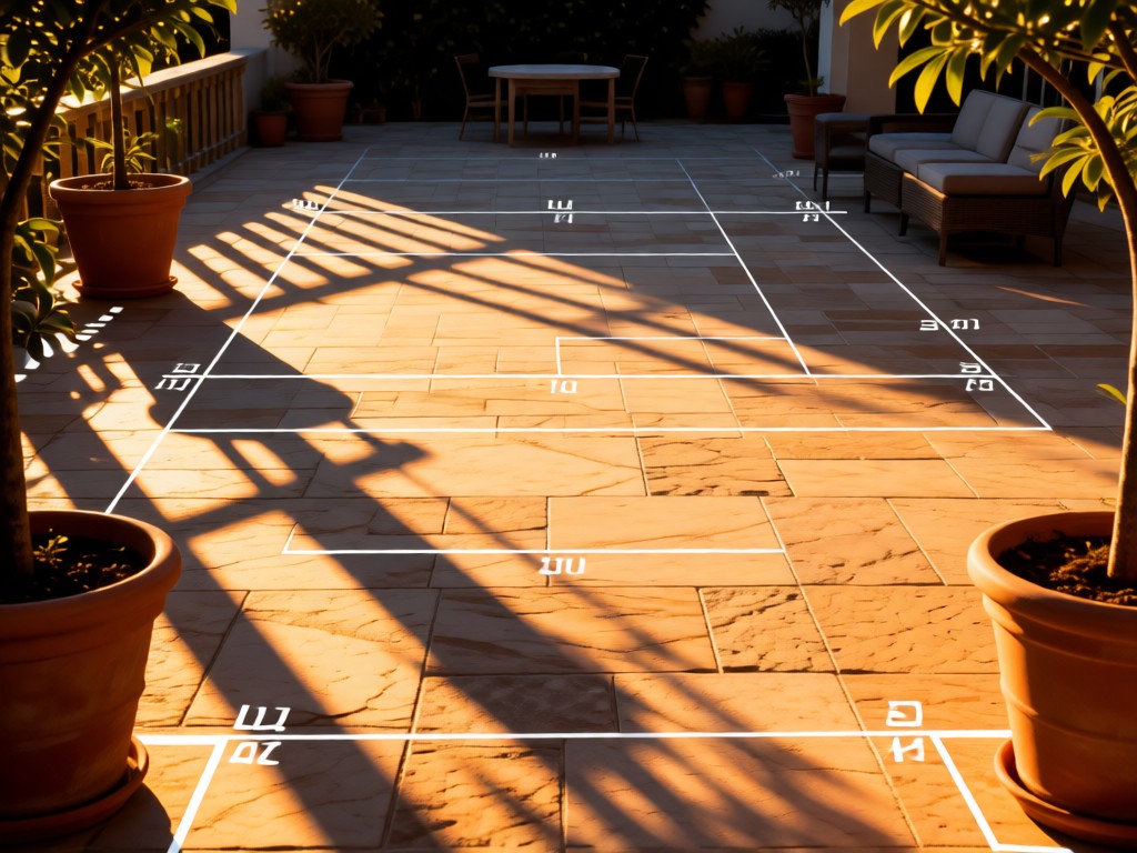 An empty stone patio awaiting furniture, with measured layout markers visible. Late afternoon sun creates geometric shadows across the space. Potted plants frame the composition. No people.