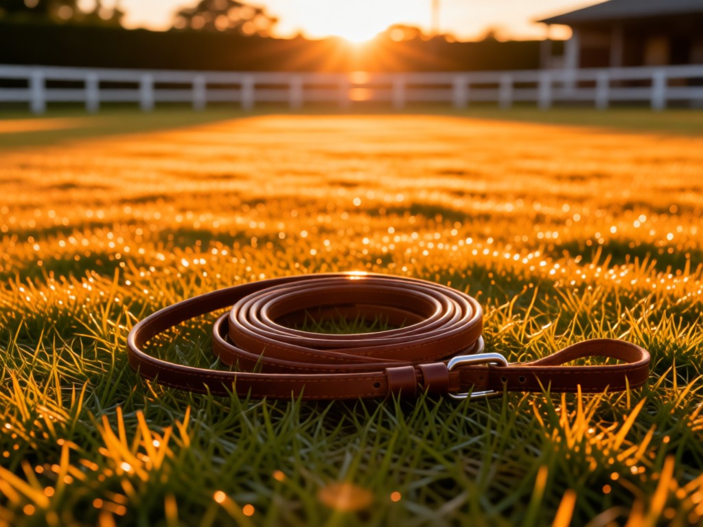 An empty show ring at sunset, pristine grass glowing amber. A single leather show lead lies coiled in the center. The scene symbolizes professionalism and readiness.