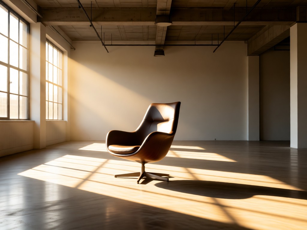 A single iconic designer chair centered in a sun-drenched, empty loft space. Morning light emphasizes form and materials. Vast negative space symbolizes focus and visibility. No people.