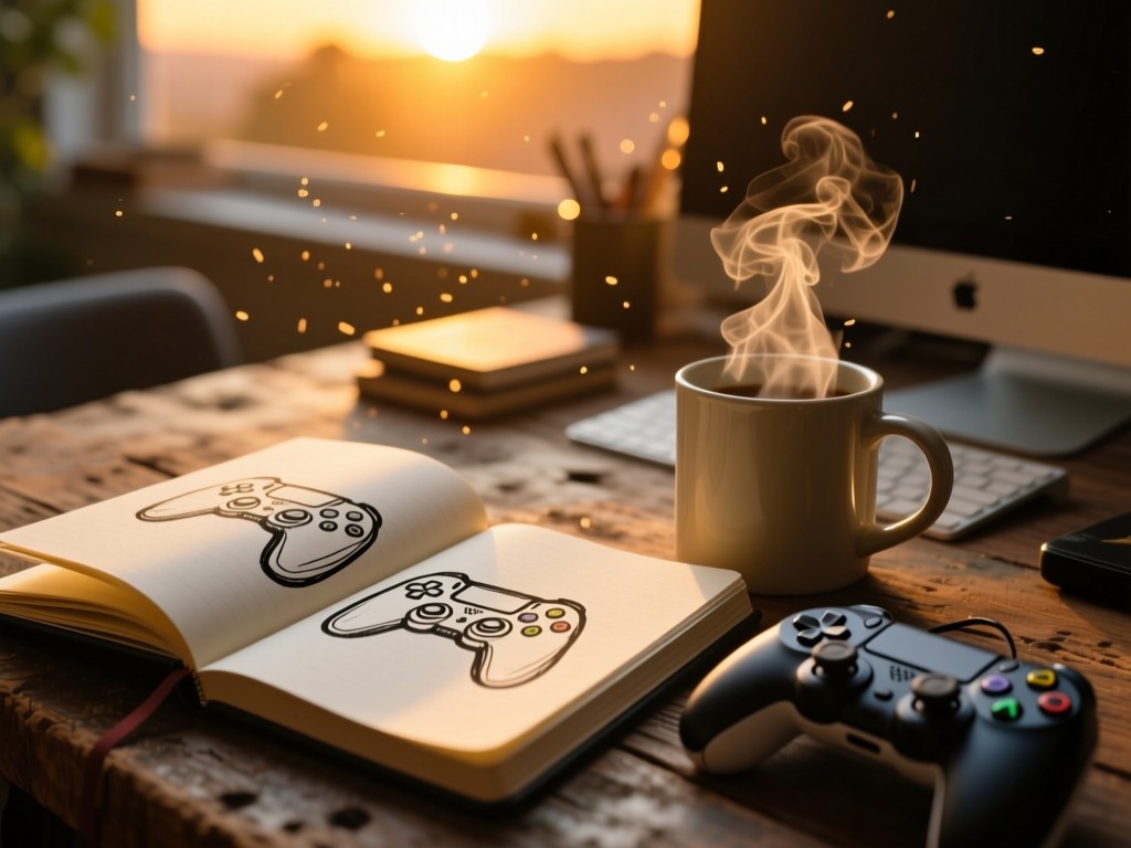 An open notebook with sketched game controllers beside a steaming mug on a rustic desk during sunset, golden light illuminating dust motes, shallow focus, cozy workspace vibe.