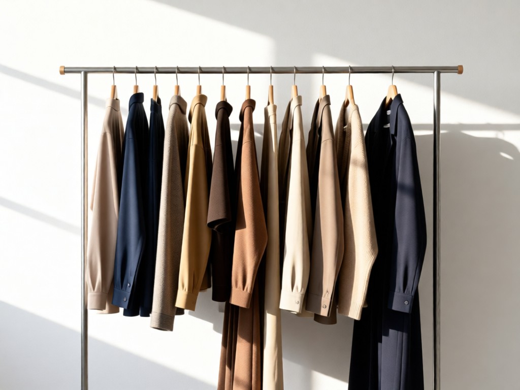 A minimalist clothing rack displaying a cohesive color palette of outlet garments. Soft morning light accentuates fabric textures against a clean white wall. No people.