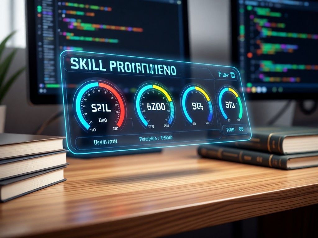 A clean dashboard interface showing skill proficiency meters, floating above a wooden desk with coding books. Soft focus background. No people.