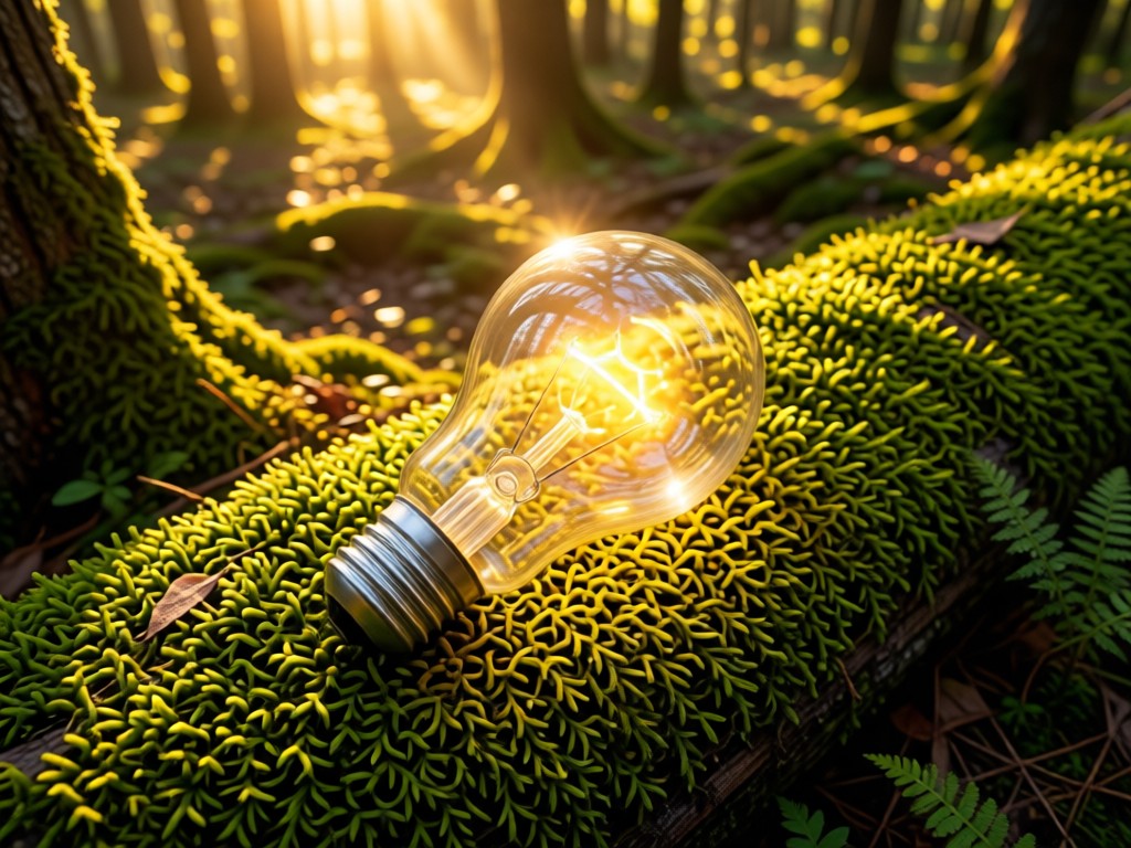 Aerial shot of a glowing lightbulb invention resting on moss in a sun-dappled forest. Symbolizes breakthrough ideas in natural habitat. Golden hour illumination. No people.