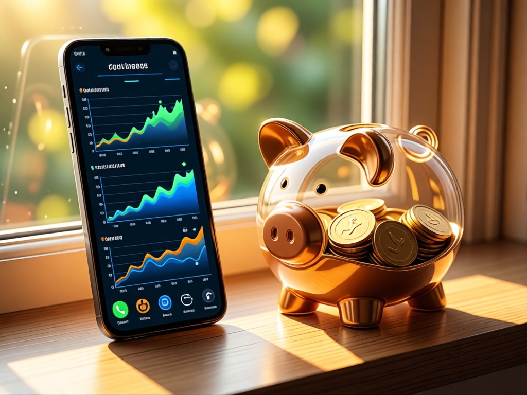 A smartphone displaying clean payment charts beside a vintage piggy bank on a sunlit windowsill. Golden light highlights the screen's graphs and coins inside the bank. No people.