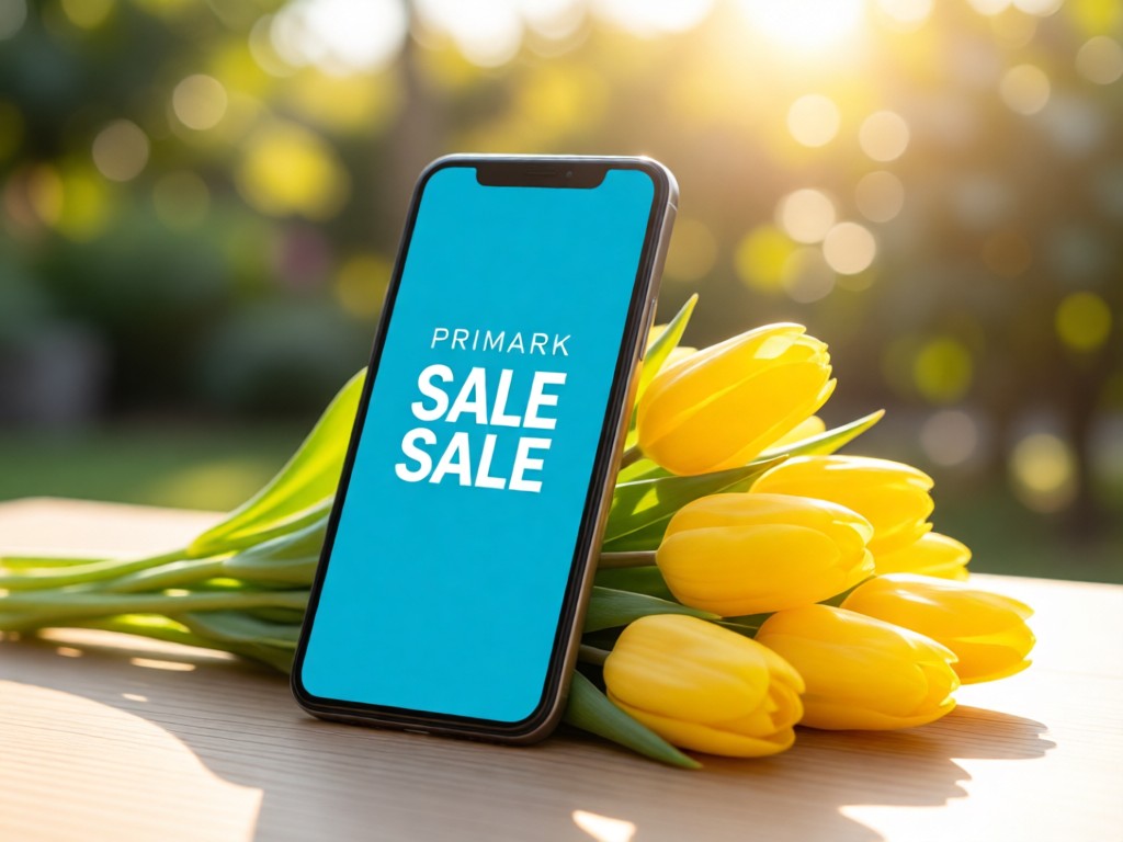 A smartphone displaying a Primark sale banner, propped against a fresh bouquet of yellow tulips. Soft bokeh background with warm sunlight. Minimalist product focus.