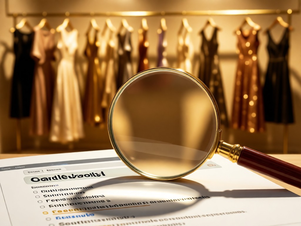 A magnifying glass resting on a page of search results showing outlet keywords. Soft focus background of hanging dresses in golden light. No people.