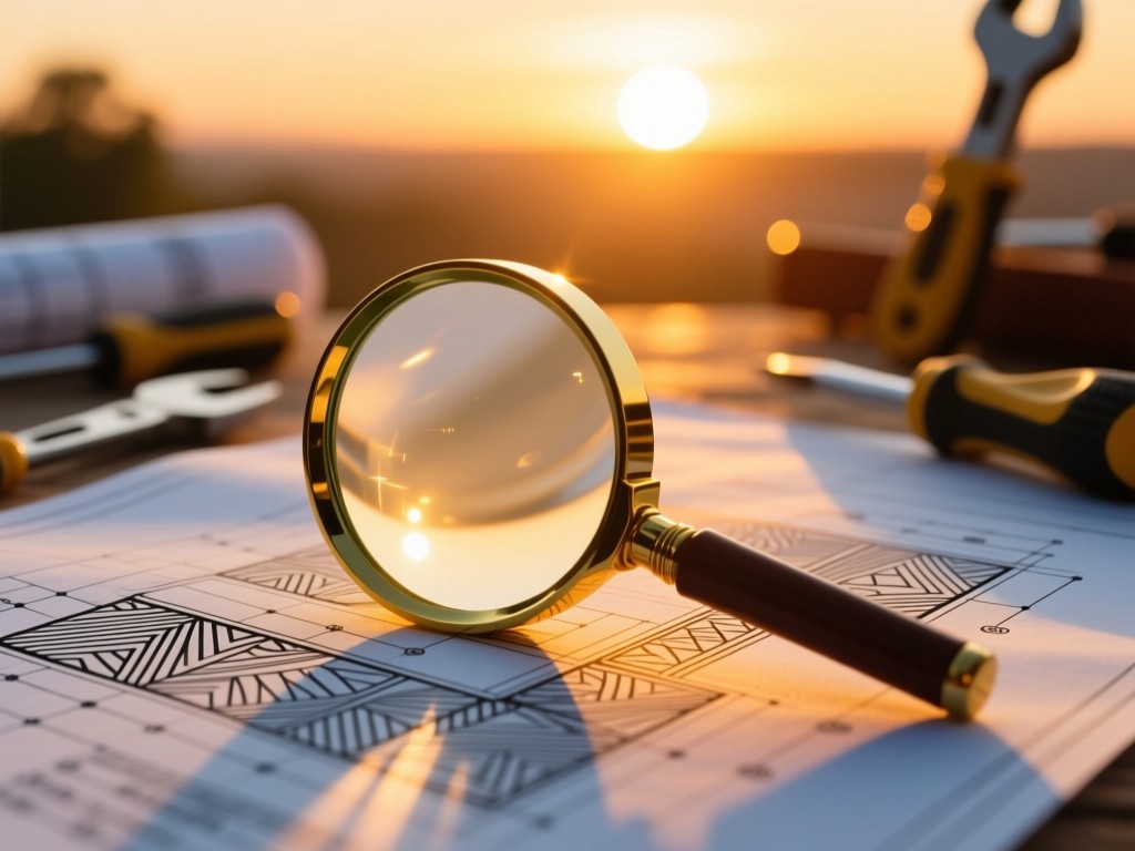 A magnifying glass resting on design blueprints at sunset, golden light illuminating intricate vector patterns, soft focus on background tools, warm color palette, no text.