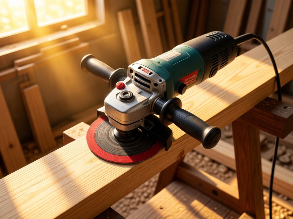 Aerial view of a perfectly calibrated angle grinder resting on raw timber in a sunlit workshop. Golden light emphasizes precision and readiness. Symbolizes having essential tools optimized for performance. No people.