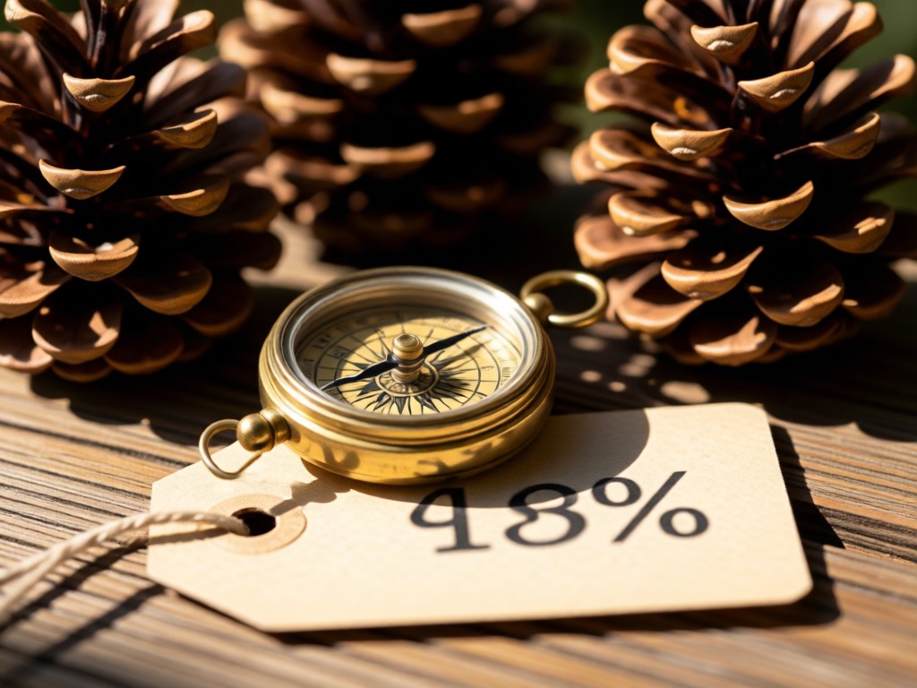 A vintage brass compass resting on a sale tag with blurred percentage numbers. Sunlight catches metallic edges against pinecone backdrop. Nature-inspired minimalism. No people.