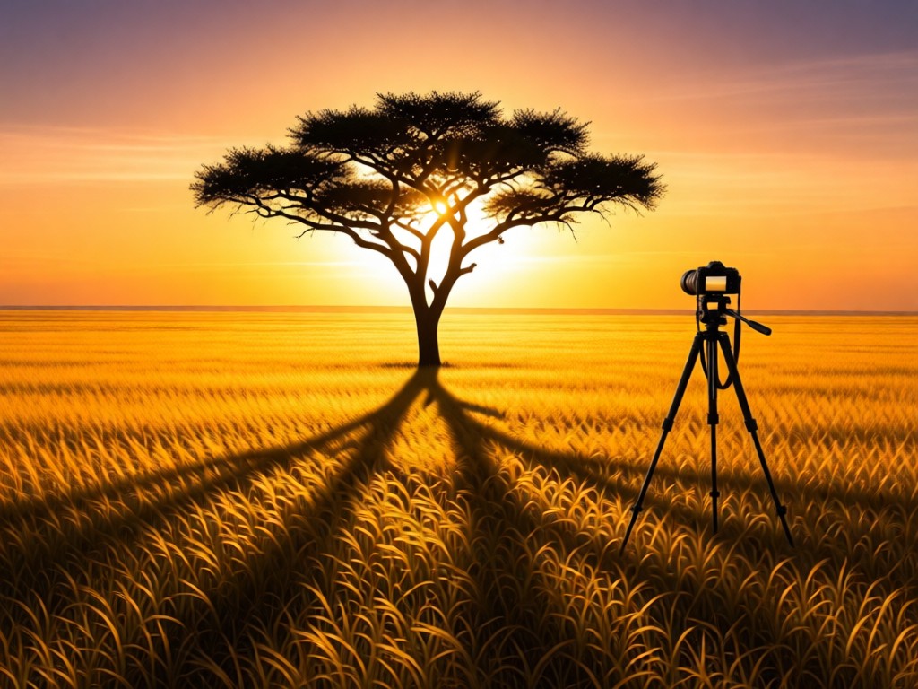 A lone acacia tree at sunset on the Serengeti, its shadow stretching across golden grass. A camera tripod stands ready nearby. Symbolizes visibility and resilience. No people.
