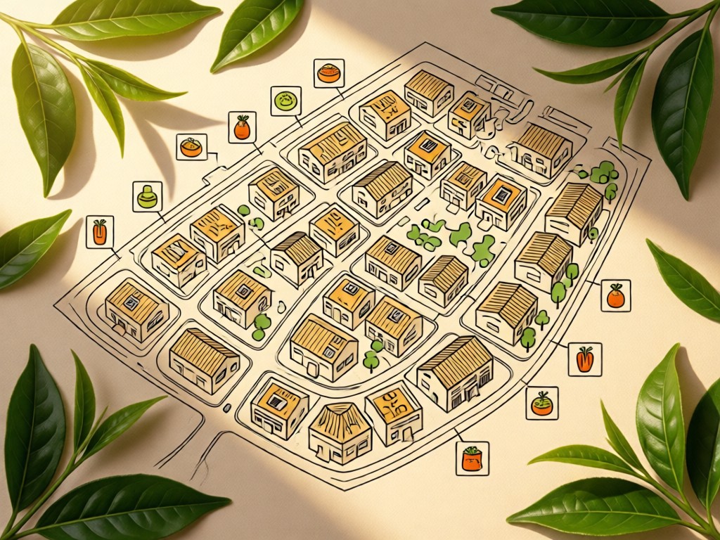 Aerial view of a hand-drawn neighborhood map with grocery icons, surrounded by fresh tea leaves. Soft shadows, warm paper tones.