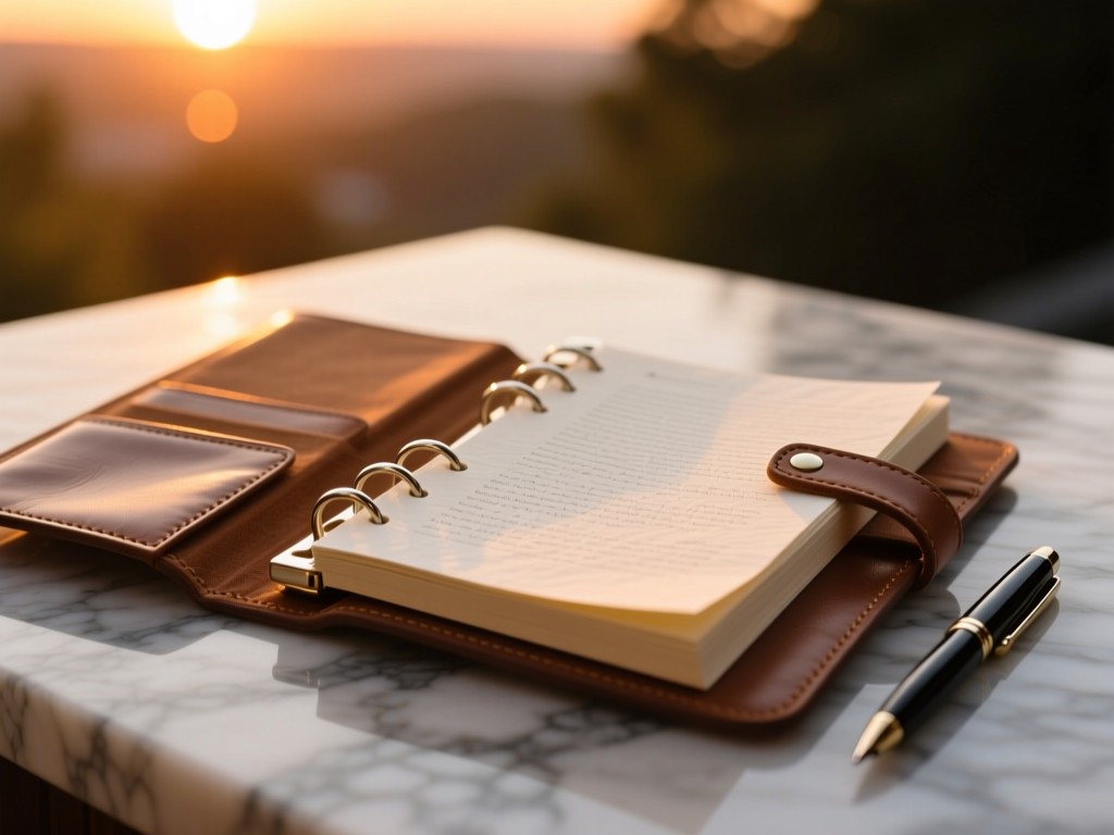 An open leather binder with clean tabs on a marble surface during sunset, pen resting beside it, warm highlights on textured paper, shallow focus background.