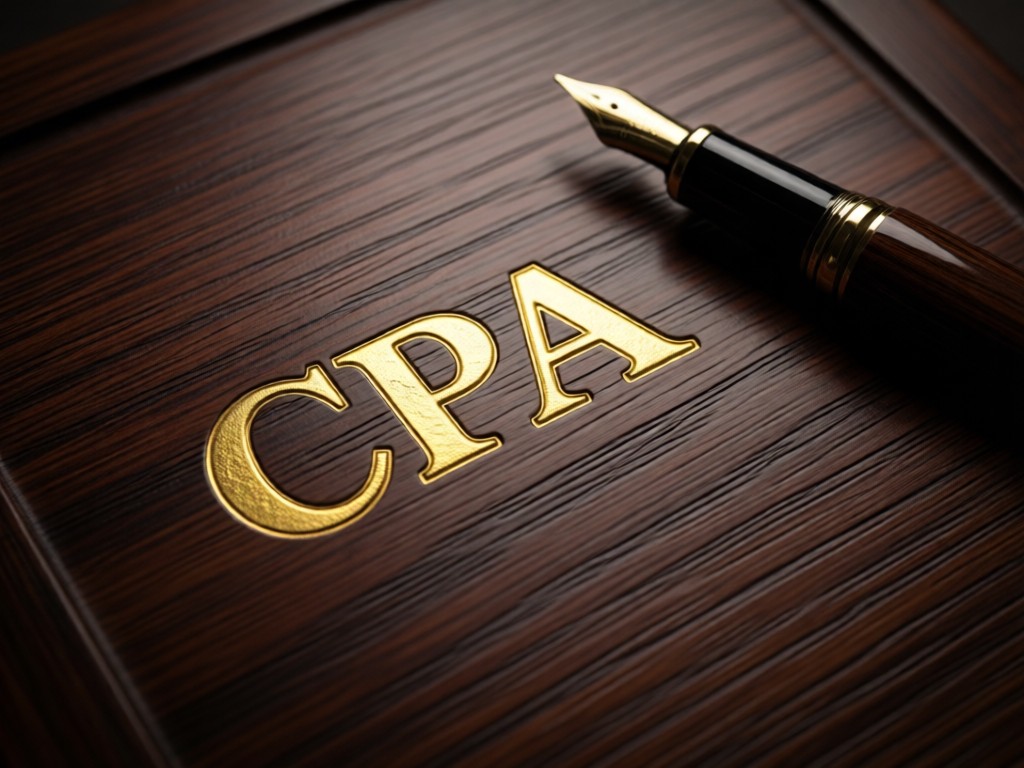 Close-up of embossed gold CPA certificate on dark wood. Soft side lighting highlights texture. A single fountain pen lies diagonally across corner. Minimalist composition.