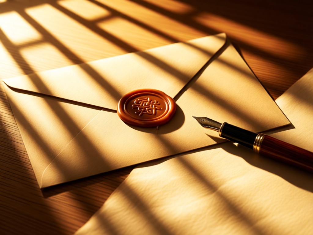 A wax-sealed envelope beside a fountain pen on parchment paper. Soft shadows from window bars create security patterns. Warm amber lighting. No people.