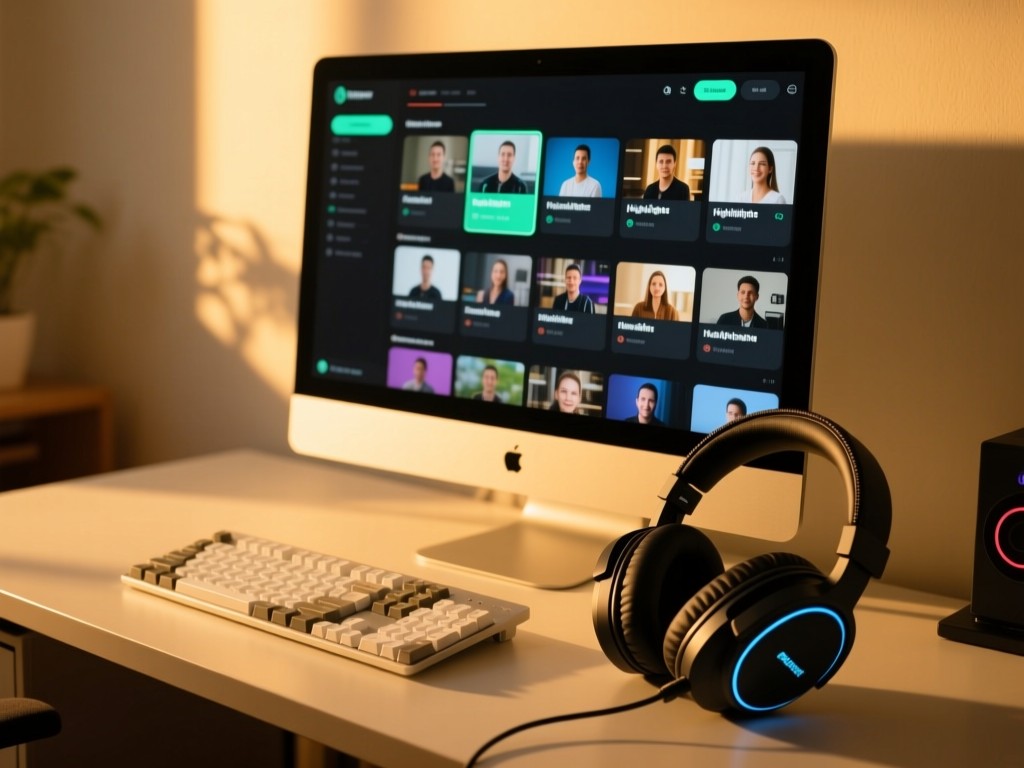A gaming headset and keyboard bathed in golden hour light on a minimalist desk, screen showing organized stream highlights, soft shadows, warm tones, shallow depth of field, no visible text.