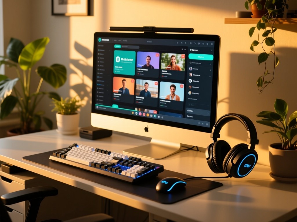 Gaming keyboard and headset bathed in golden hour light on a sleek desk, screen showing organized stream highlights, soft shadows from nearby plants, warm natural tones, minimalist setup.