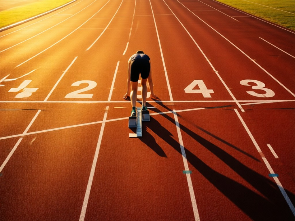 Aerial view of running shoes on a track at golden hour, positioned at the starting line. Long shadows stretch across lane markers. Symbolizes readiness and career beginnings. No people.