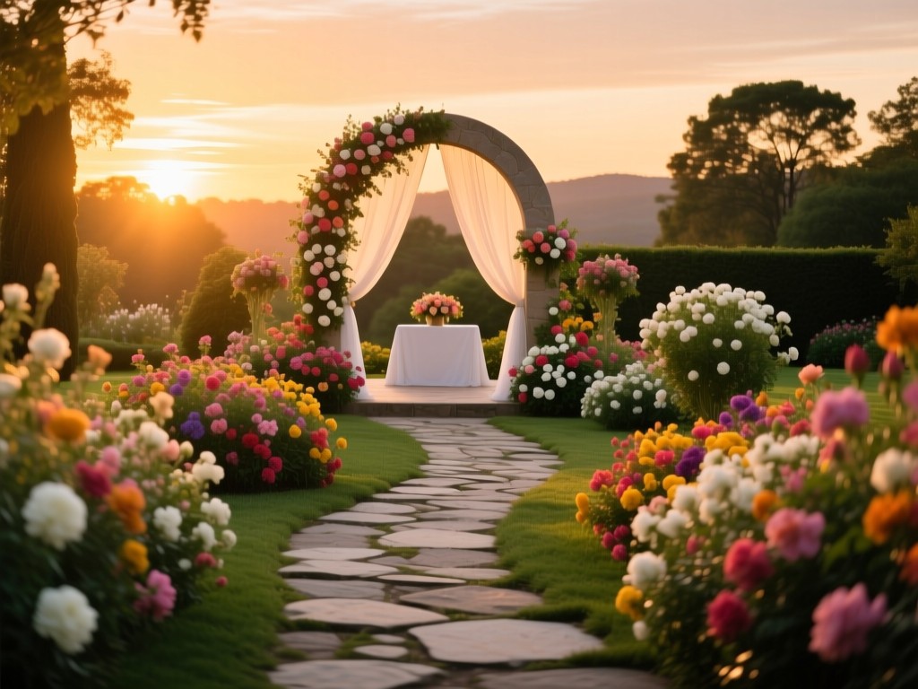 Stone path through blooming garden at sunset, leading to arched wedding venue entrance, soft golden light, vibrant florals, symbolic of client journeys, no people.