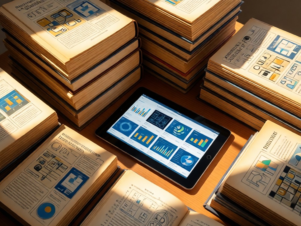 An overhead shot of neatly stacked scientific journals beside a modern tablet showing research thumbnails. Warm sunlight creates texture on the pages. Organized and academic. No people.