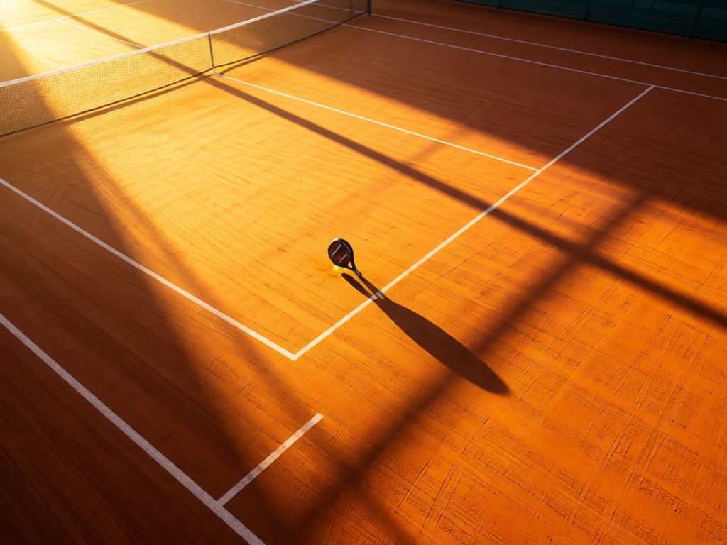 Aerial view of a single padel ball on pristine clay court at dawn. Long shadows stretch across the court, symbolizing focus and opportunity. Golden light with no people.