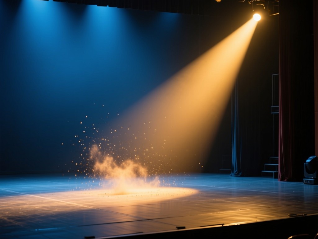 A single spotlight shining on an empty stage floor. Dust particles dancing in the dramatic beam. Warm golden light cutting through deep blue shadows. Symbolizes focus and opportunity. No people.