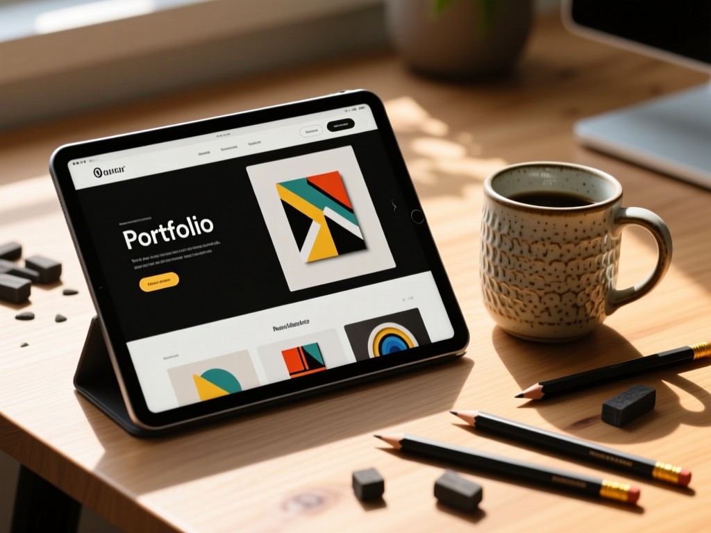 A sleek tablet displaying an art portfolio website. Beside it, a textured ceramic mug and scattered charcoal pencils on a sunlit wooden desk. No people.