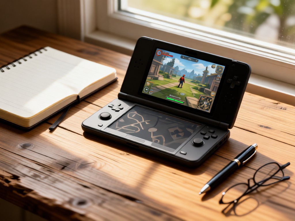 A stylized flat lay featuring a 3DS with gameplay on screen, notebook, and pen. Soft window light creates cozy focus. Natural textures dominate. No people.