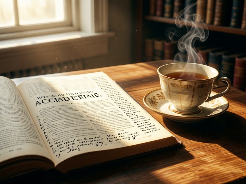 An open academic journal with handwritten margin notes beside a steaming teacup. Morning light illuminates the textured paper and porcelain. Focus on intellectual intimacy and depth. No people.